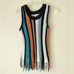 Crave Fame Multicolored Striped Crochet Sleeveless Top Frayed Hem Size Small
